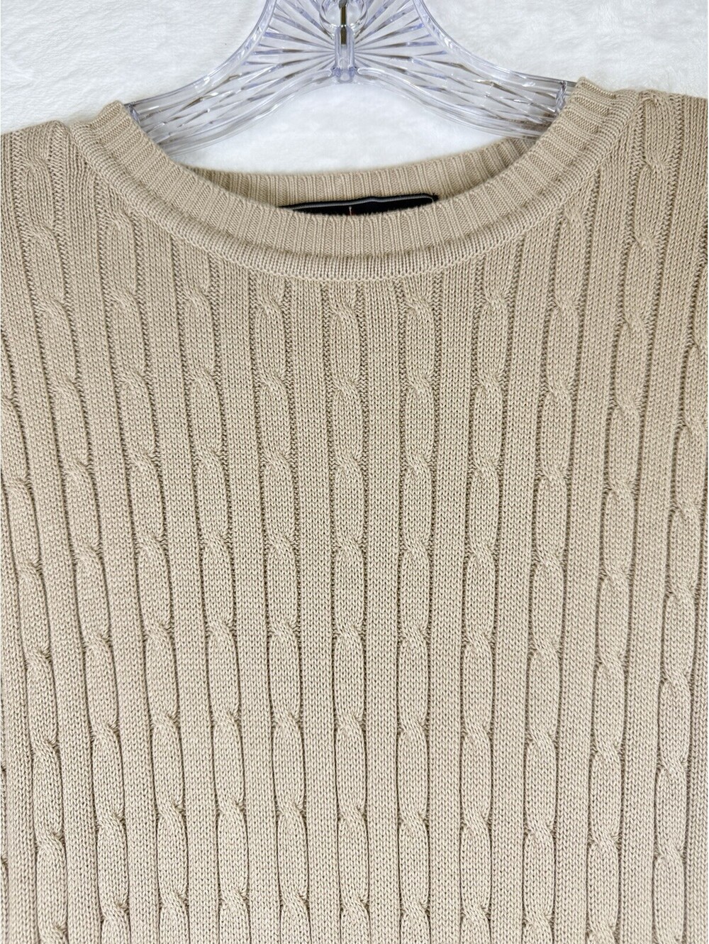 John Ashford Sweater XL Mens Cable Knit Beige Crew Neck Pullover Vintage 90s